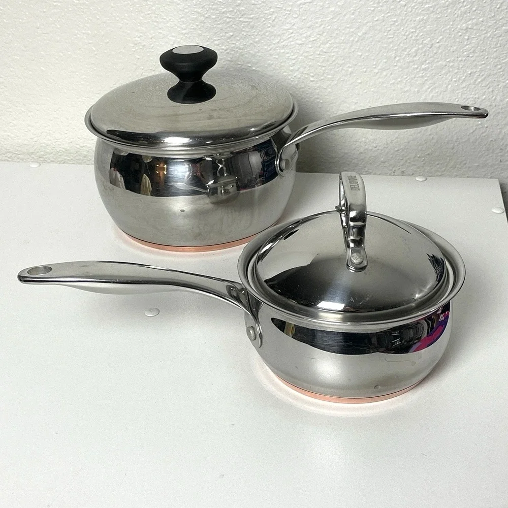 Belgique Stainless Steel Sauce Pans 1 qt & 3 qt Vented Lid Copper Bottom